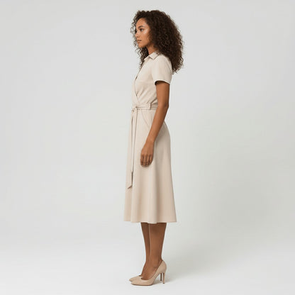 Women's Short-Sleeve Belted V-Neck A-Line Wrap Midi Dress