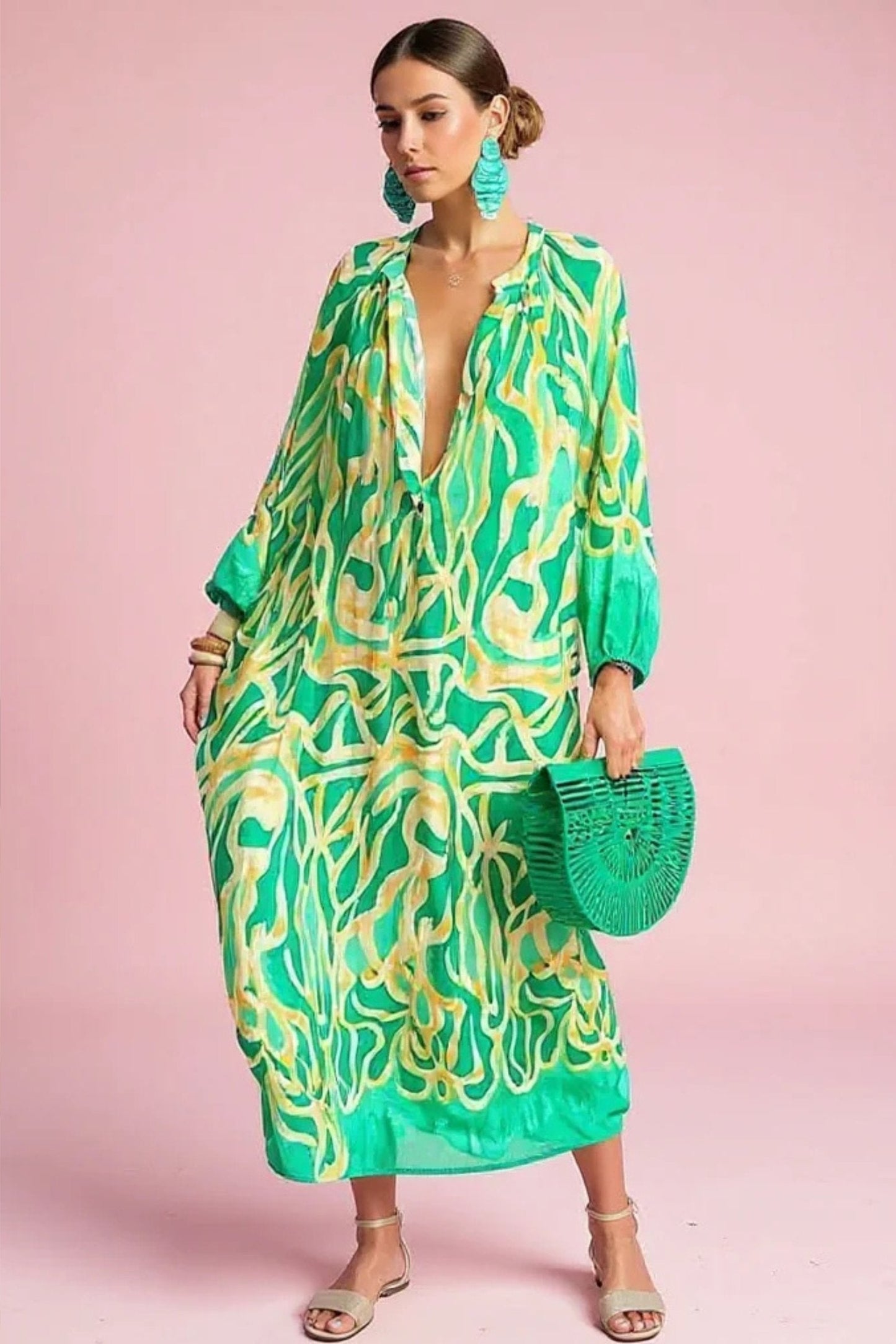 Women's Abstract Print V-Neck Caftan Maxi Dress in Relaxed Fit