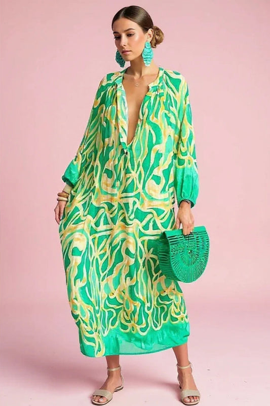 Women's Abstract Print V-Neck Caftan Maxi Dress in Relaxed Fit