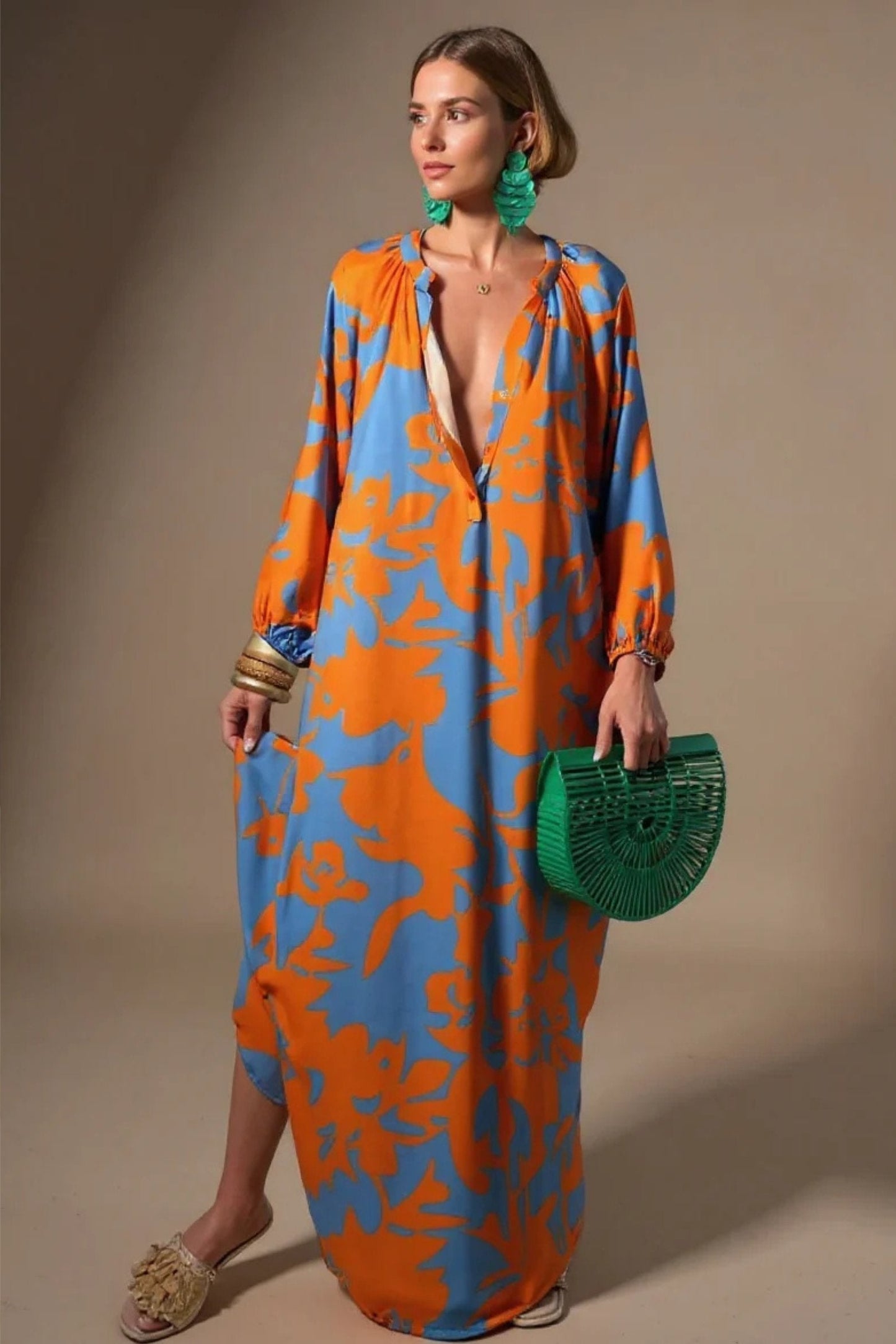 Women's Abstract Print V-Neck Caftan Maxi Dress in Relaxed Fit