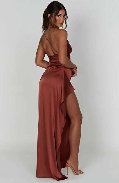 Women's One-Shoulder High-Slit Asymmetric Maxi Dress