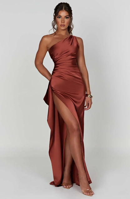Women's One-Shoulder High-Slit Asymmetric Maxi Dress
