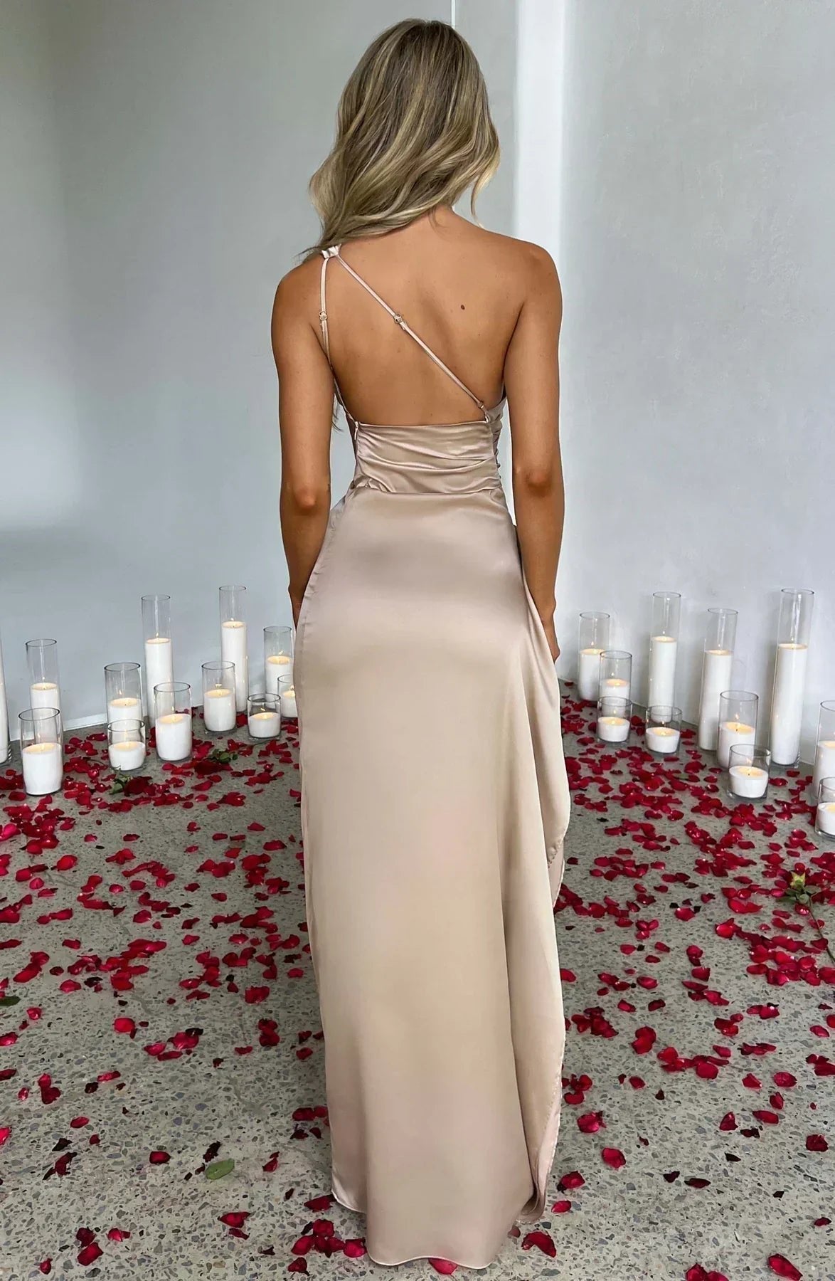 Women's One-Shoulder High-Slit Asymmetric Maxi Dress