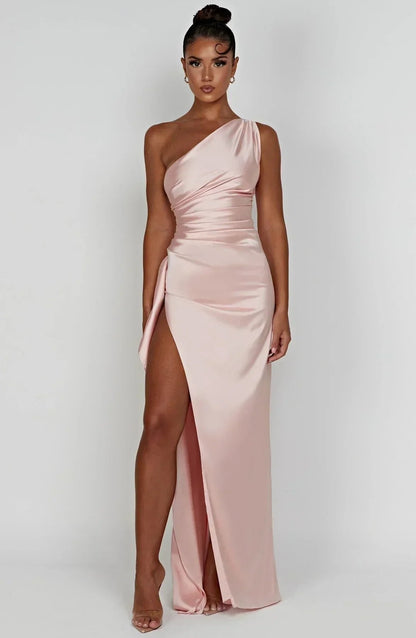 Women's One-Shoulder High-Slit Asymmetric Maxi Dress