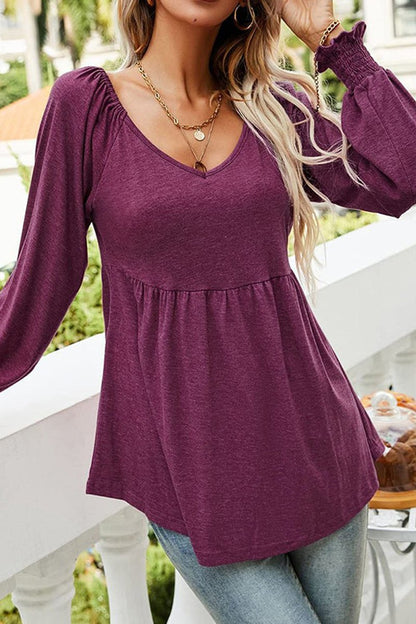 Women's Casual Smocked-Sleeve Babydoll Tunic with V-Neck