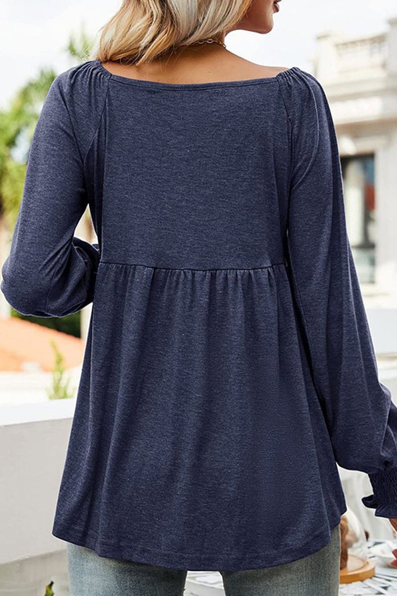 Women's Casual Smocked-Sleeve Babydoll Tunic with V-Neck