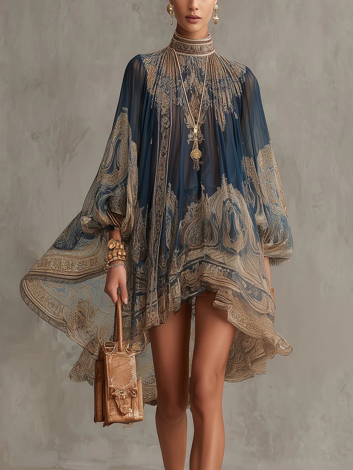 Women's High-Neck Baroque Print Chiffon Dress with Flowy Sleeves