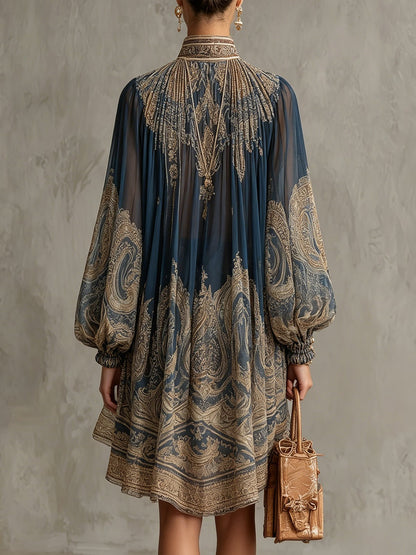 Women's High-Neck Baroque Print Chiffon Dress with Flowy Sleeves