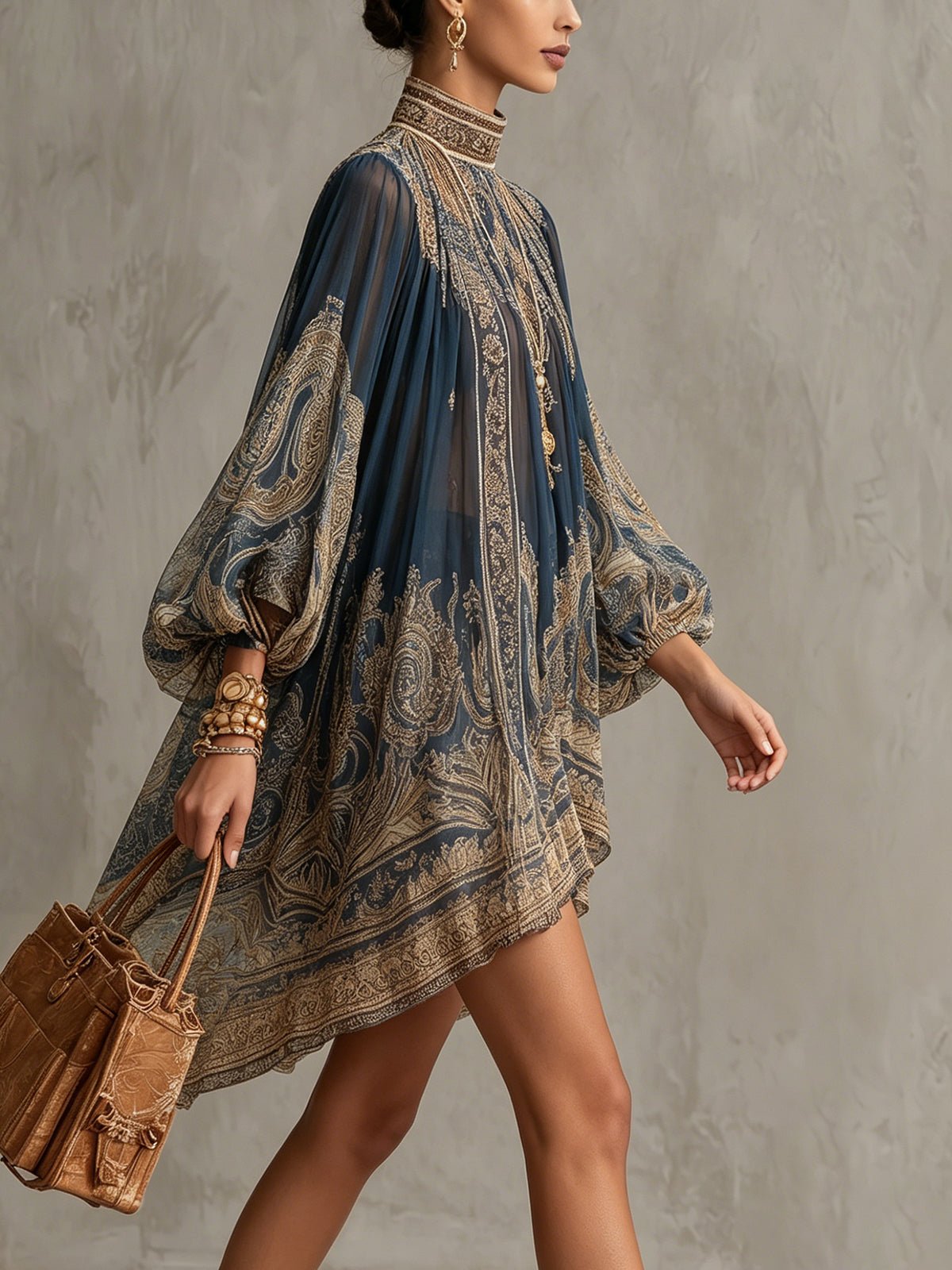 Women's High-Neck Baroque Print Chiffon Dress with Flowy Sleeves