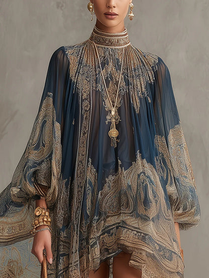 Women's High-Neck Baroque Print Chiffon Dress with Flowy Sleeves