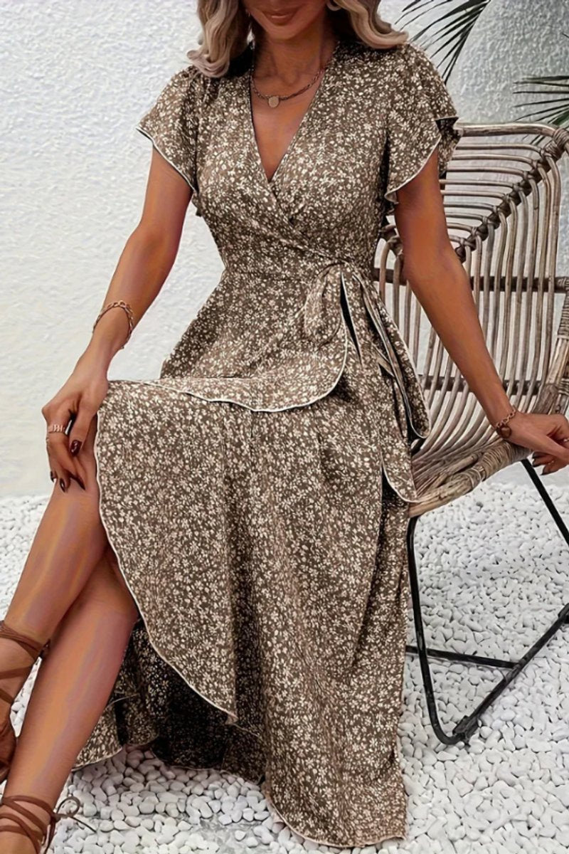 Women's V-Neck Asymmetric Floral Wrap Midi Evening Dress