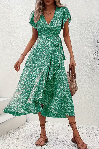 Women's V-Neck Asymmetric Floral Wrap Midi Evening Dress