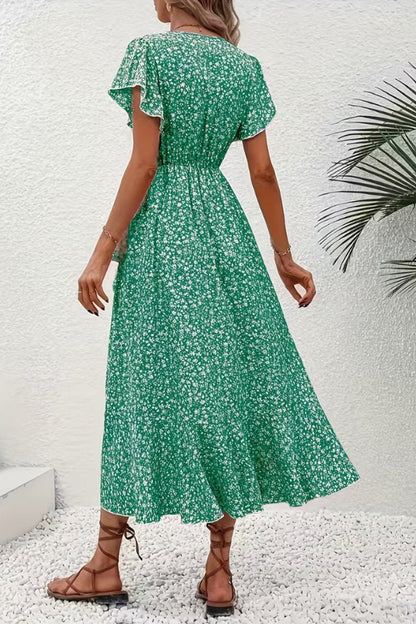 Women's V-Neck Asymmetric Floral Wrap Midi Evening Dress