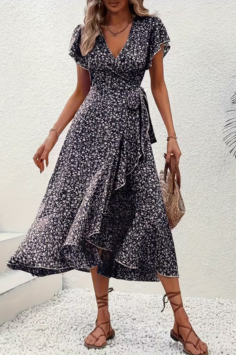 Women's V-Neck Asymmetric Floral Wrap Midi Evening Dress