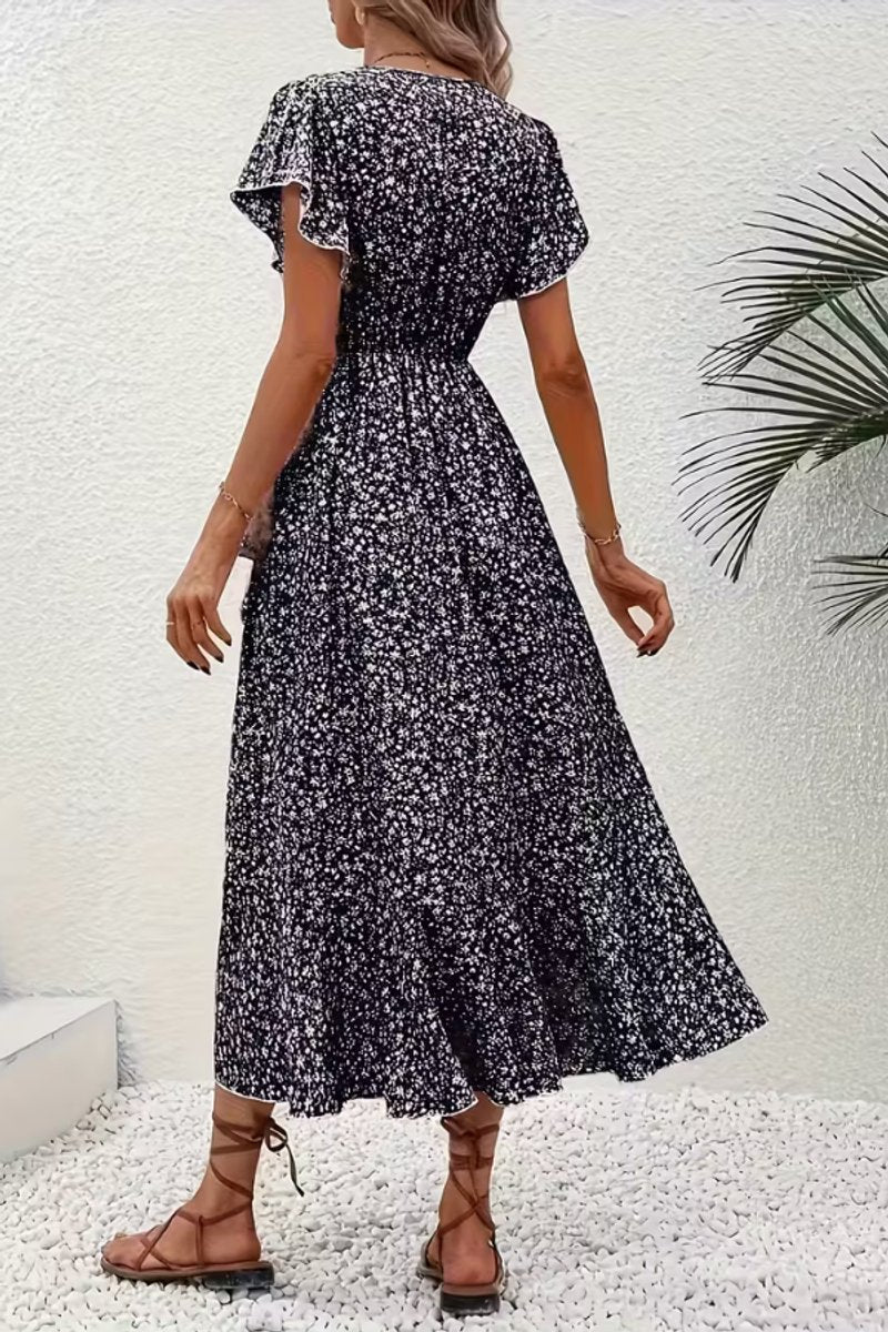 Women's V-Neck Asymmetric Floral Wrap Midi Evening Dress