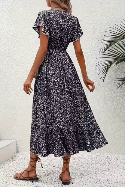 Women's V-Neck Asymmetric Floral Wrap Midi Evening Dress