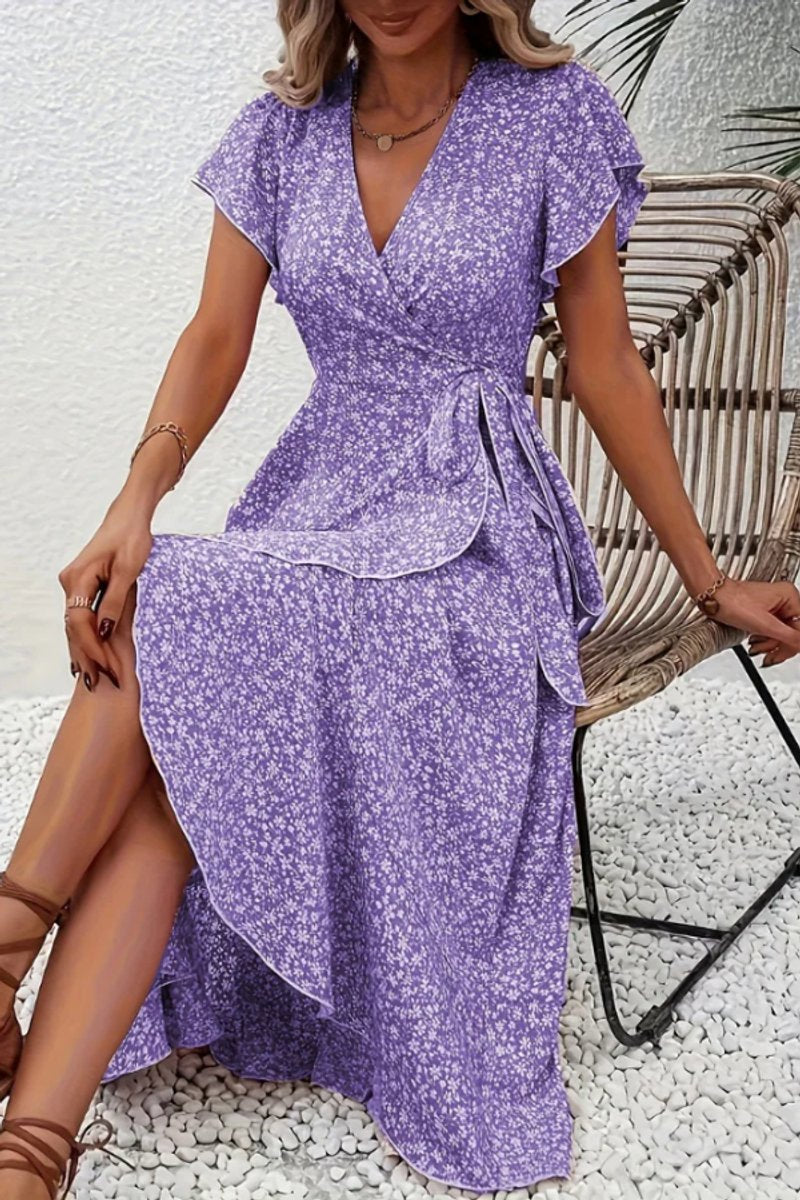 Women's V-Neck Asymmetric Floral Wrap Midi Evening Dress