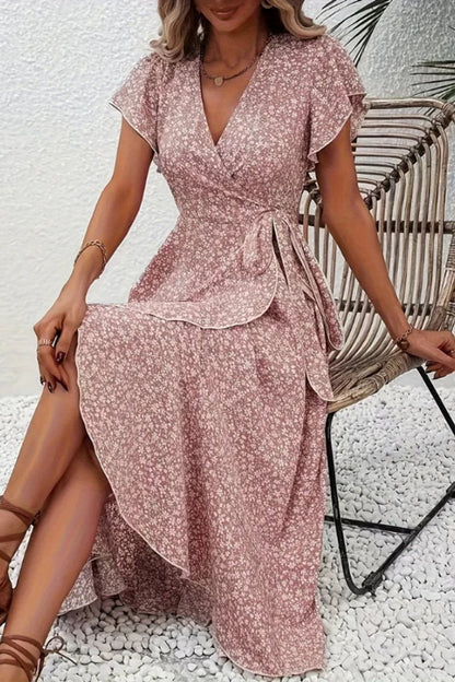 Women's V-Neck Asymmetric Floral Wrap Midi Evening Dress