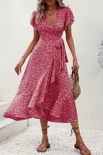 Women's V-Neck Asymmetric Floral Wrap Midi Evening Dress