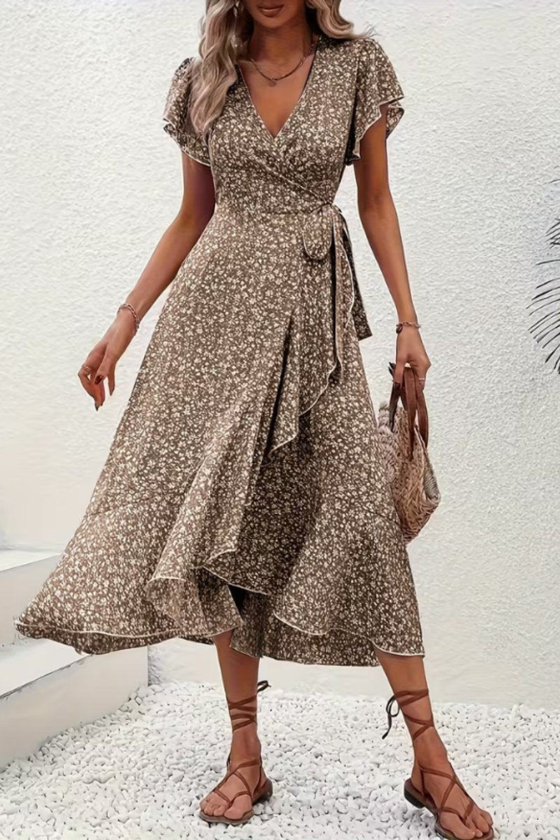 Women's V-Neck Asymmetric Floral Wrap Midi Evening Dress