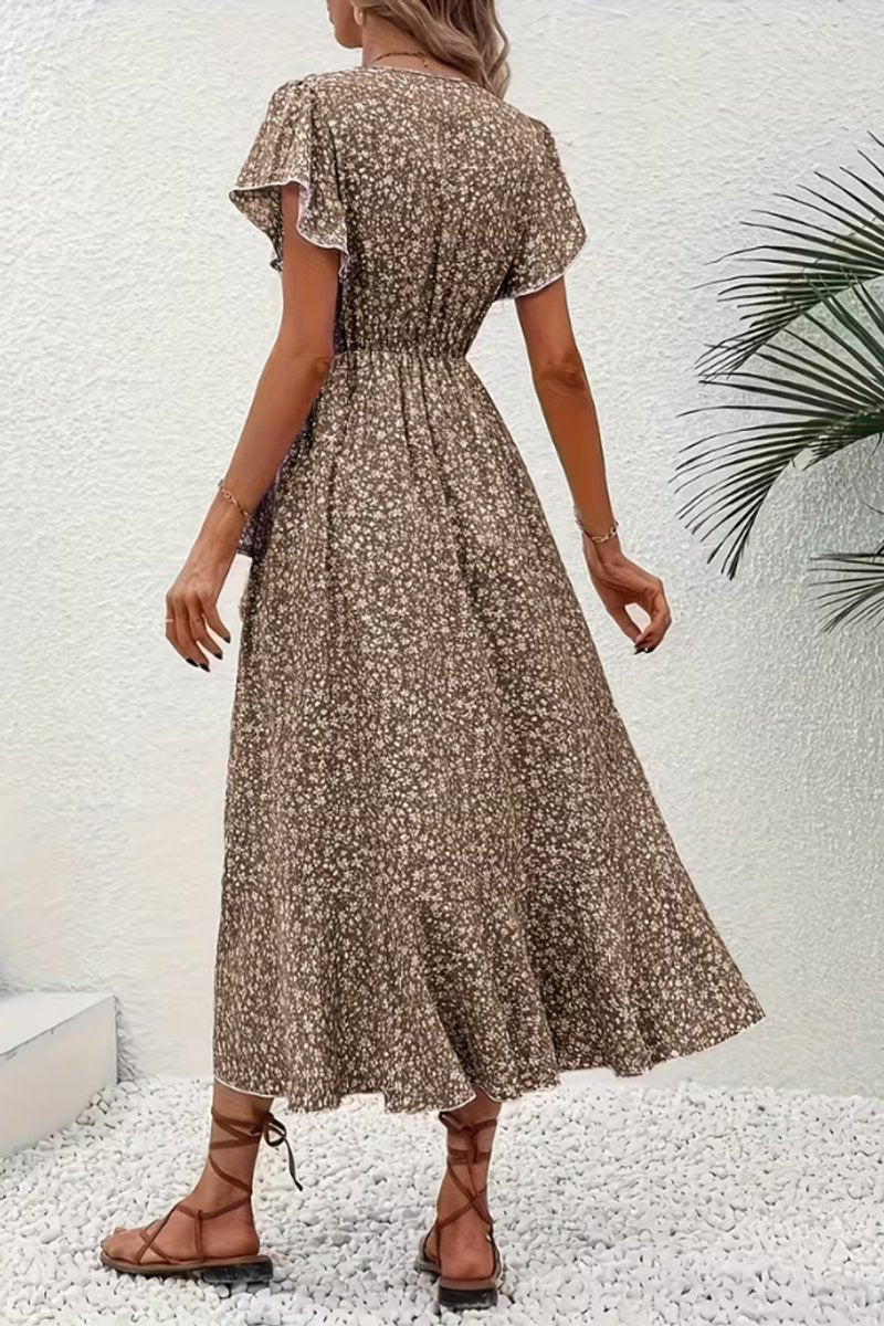 Women's V-Neck Asymmetric Floral Wrap Midi Evening Dress