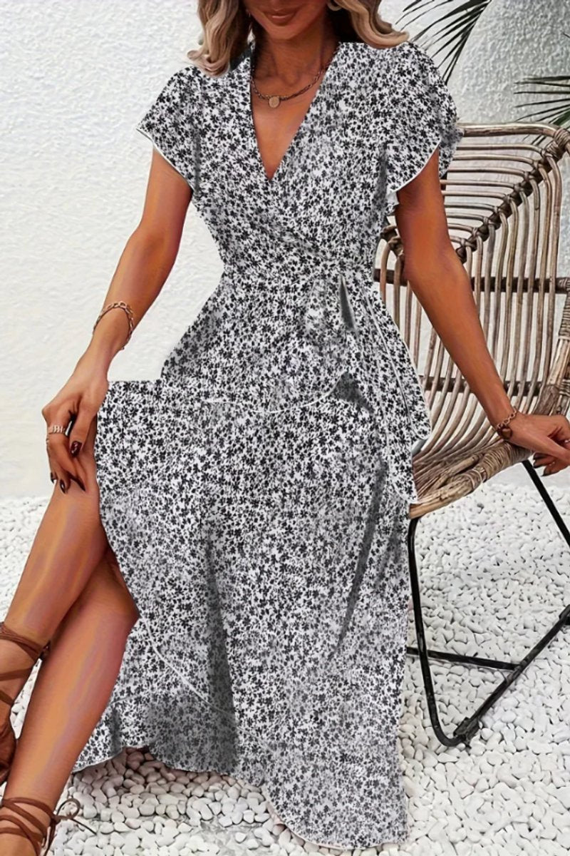 Women's V-Neck Asymmetric Floral Wrap Midi Evening Dress