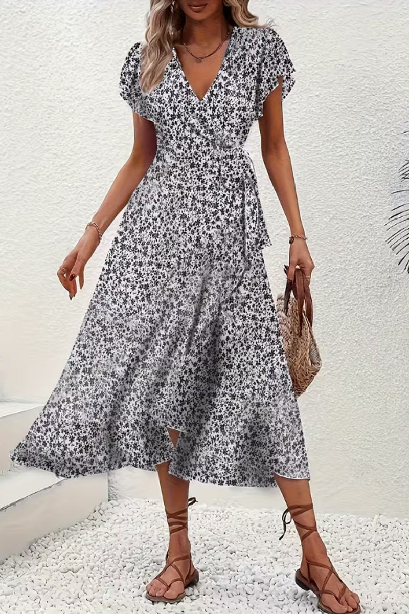 Women's V-Neck Asymmetric Floral Wrap Midi Evening Dress