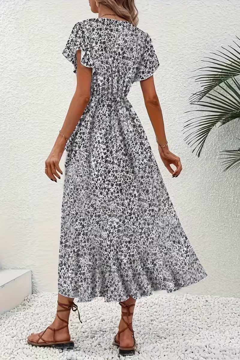 Women's V-Neck Asymmetric Floral Wrap Midi Evening Dress