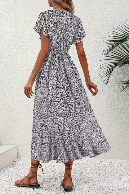 Women's V-Neck Asymmetric Floral Wrap Midi Evening Dress