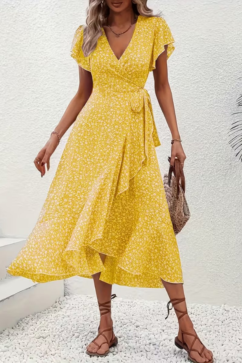 Women's V-Neck Asymmetric Floral Wrap Midi Evening Dress