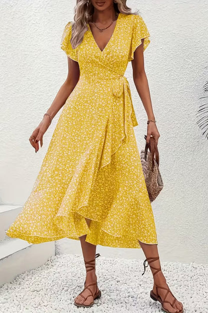 Women's V-Neck Asymmetric Floral Wrap Midi Evening Dress