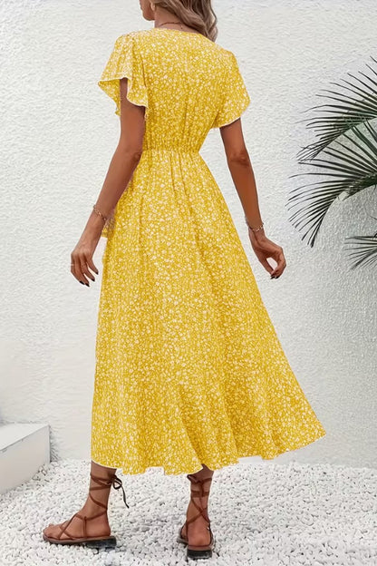 Women's V-Neck Asymmetric Floral Wrap Midi Evening Dress