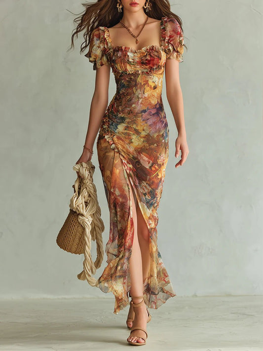 Women's Sweetheart Neck Floral Chiffon Ruffle Maxi Dress