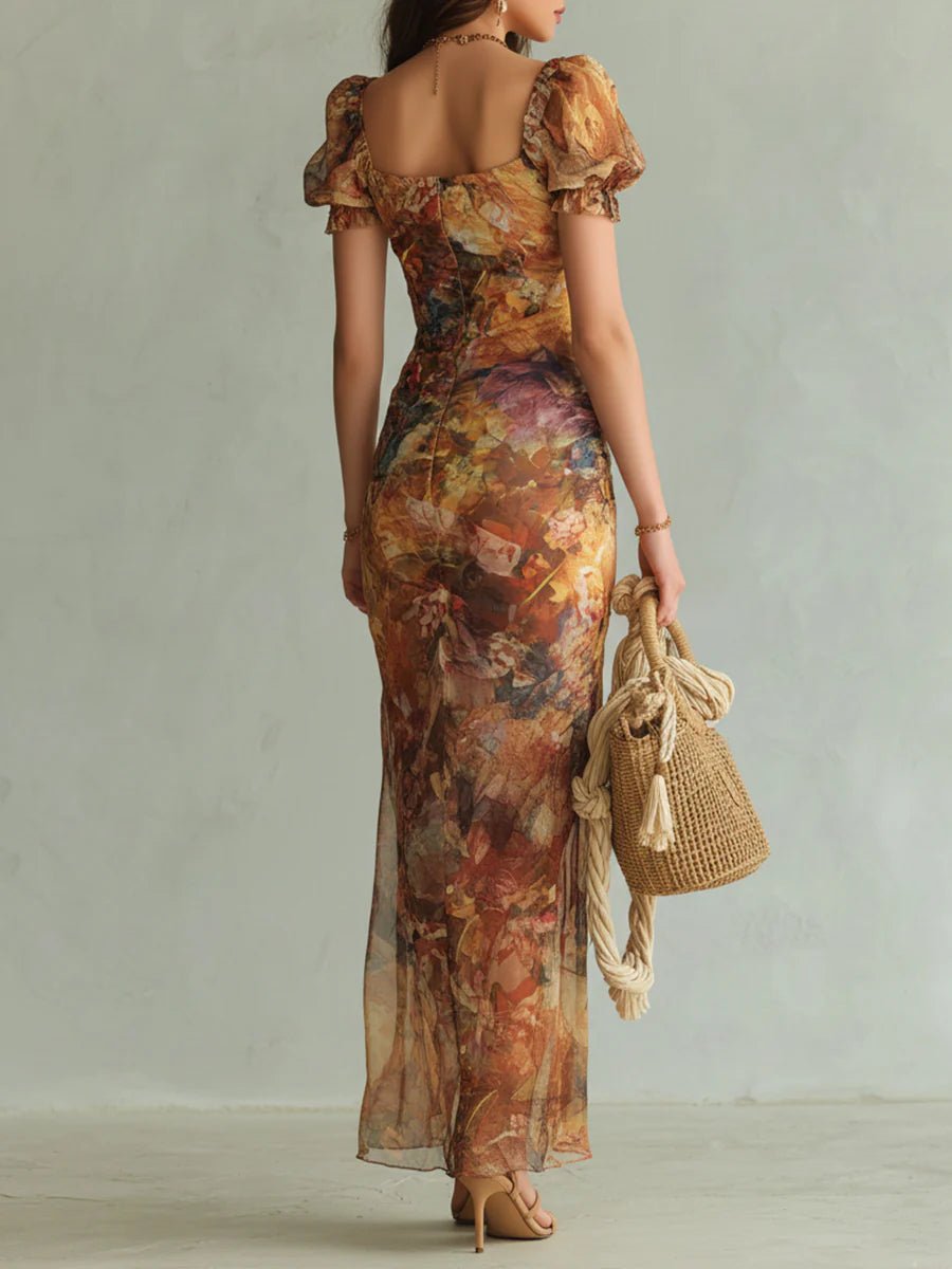 Women's Sweetheart Neck Floral Chiffon Ruffle Maxi Dress