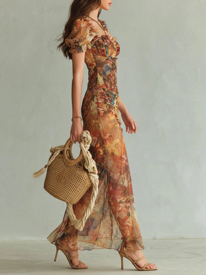 Women's Sweetheart Neck Floral Chiffon Ruffle Maxi Dress