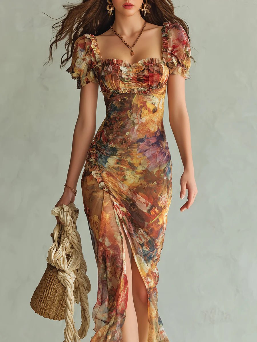 Women's Sweetheart Neck Floral Chiffon Ruffle Maxi Dress