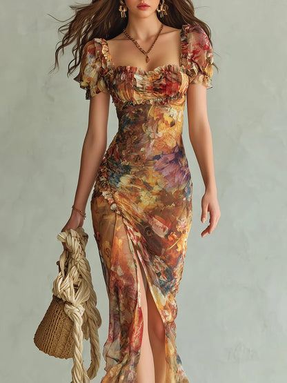 Women's Sweetheart Neck Floral Chiffon Ruffle Maxi Dress