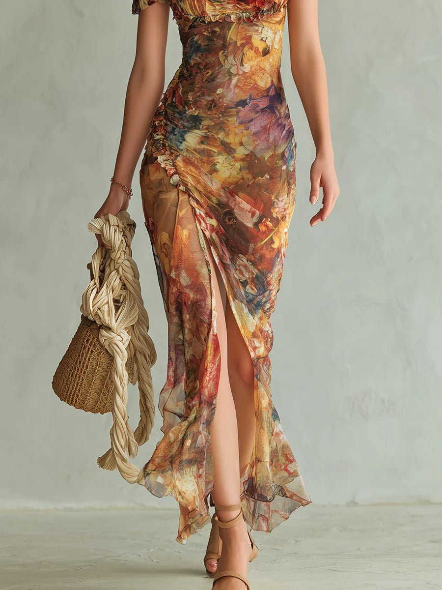 Women's Sweetheart Neck Floral Chiffon Ruffle Maxi Dress