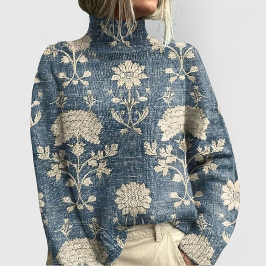 Women's Floral High-Neck Relaxed Knitted Pullover