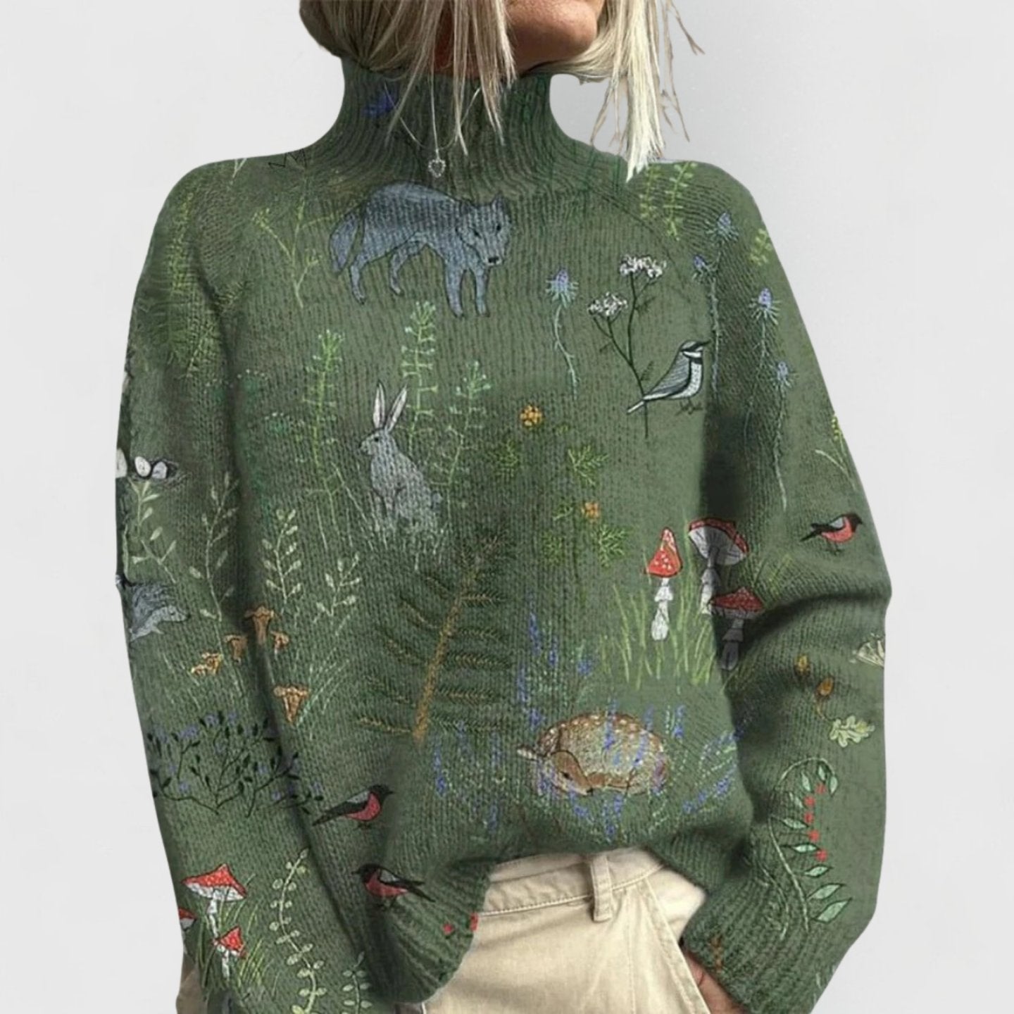 Women's Floral High-Neck Relaxed Knitted Pullover