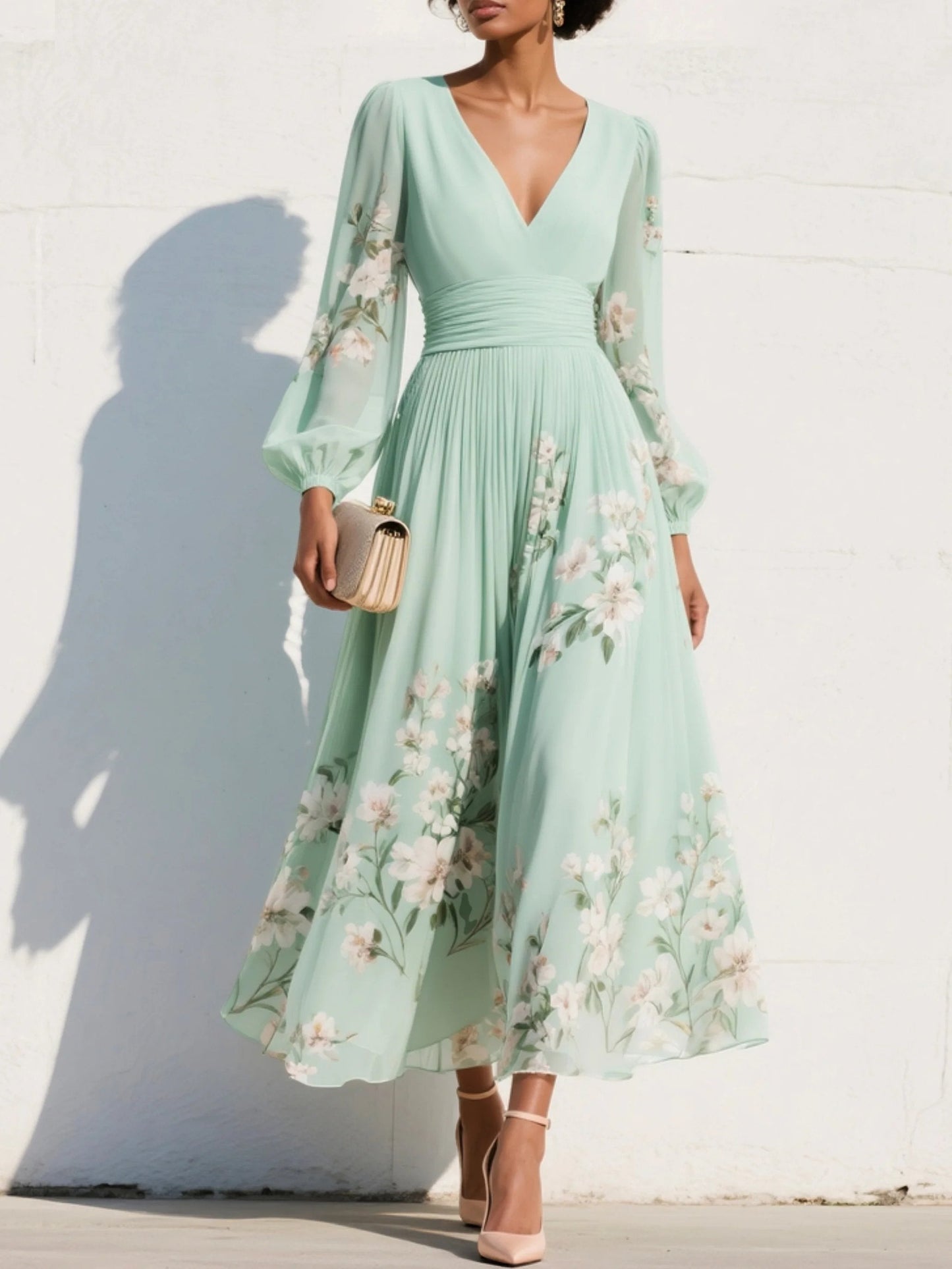 Women's Balloon Sleeve V-Neck Pleated Floral Midi Dress