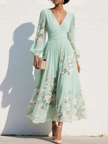 Women's Balloon Sleeve V-Neck Pleated Floral Midi Dress