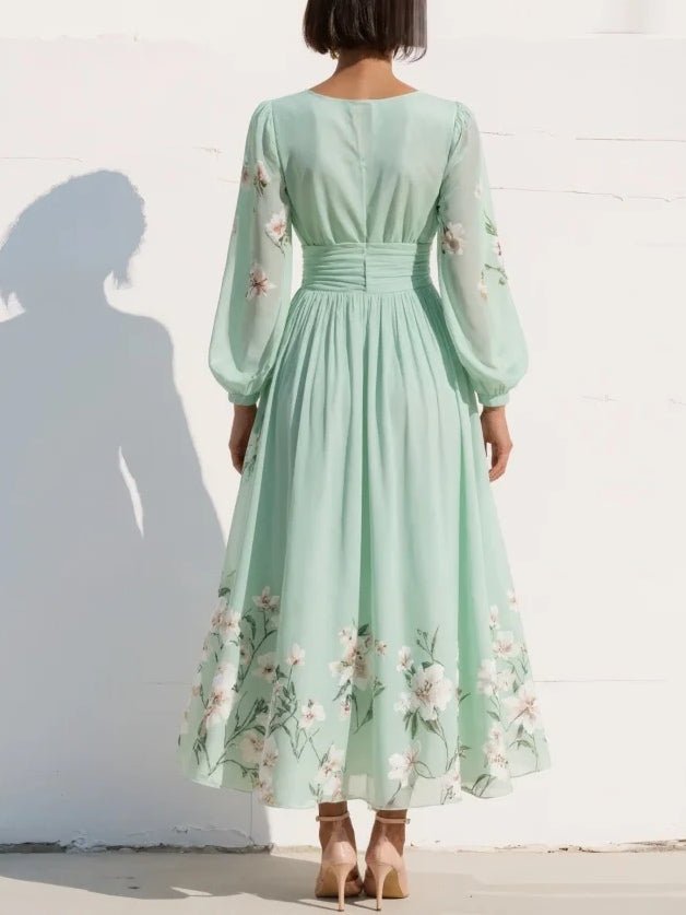 Women's Balloon Sleeve V-Neck Pleated Floral Midi Dress
