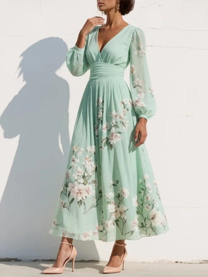Women's Balloon Sleeve V-Neck Pleated Floral Midi Dress