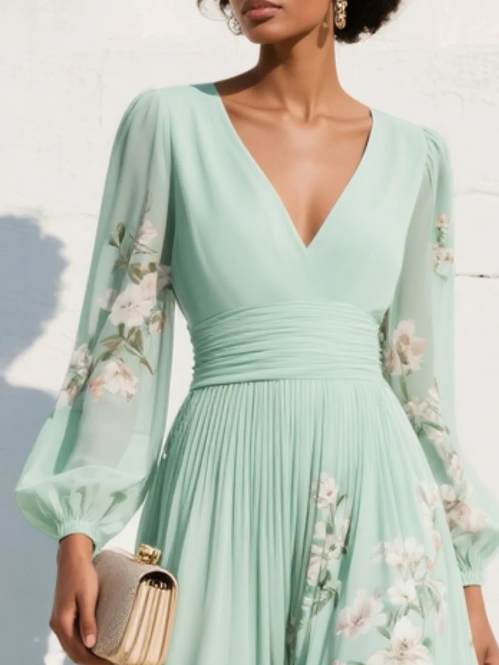 Women's Balloon Sleeve V-Neck Pleated Floral Midi Dress