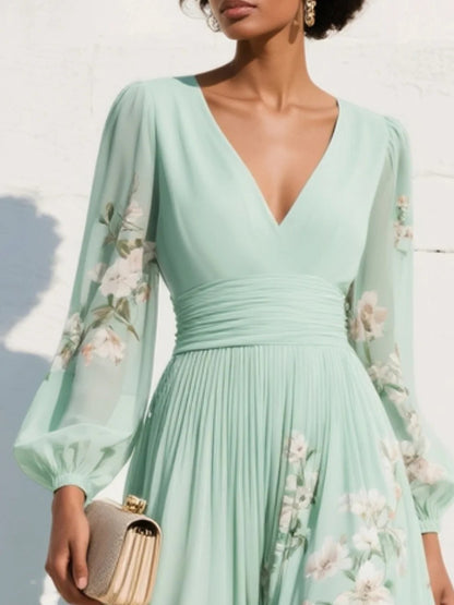 Women's Balloon Sleeve V-Neck Pleated Floral Midi Dress