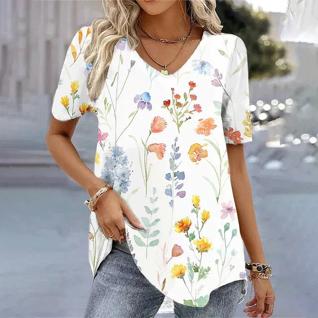 Women's Loose-Fit Short Sleeve Floral V-Neck Top