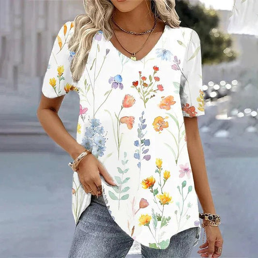 Women's Loose-Fit Short Sleeve Floral V-Neck Top