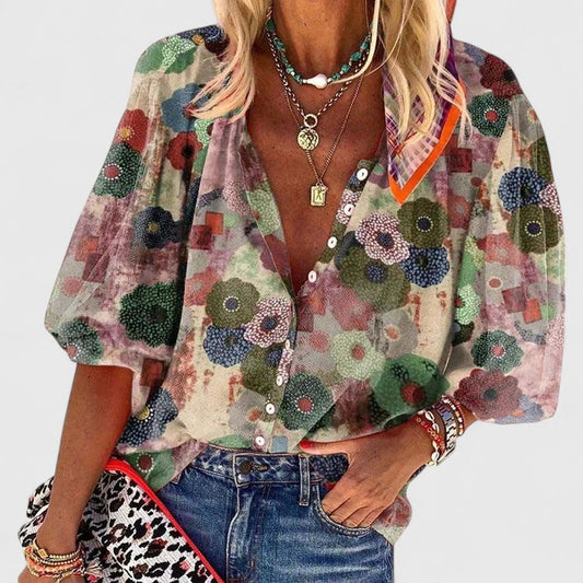 Women's Oversized Floral Button-Down V-Neck Blouse