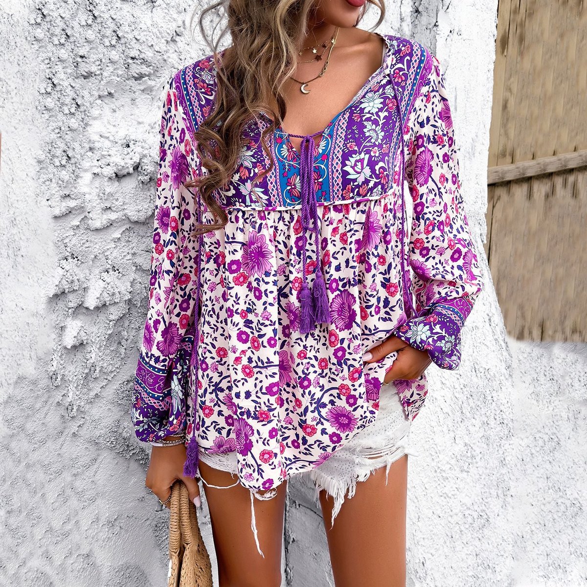 Women's Loose Floral V-Neck Tunic Top with Drawstring and Tassels